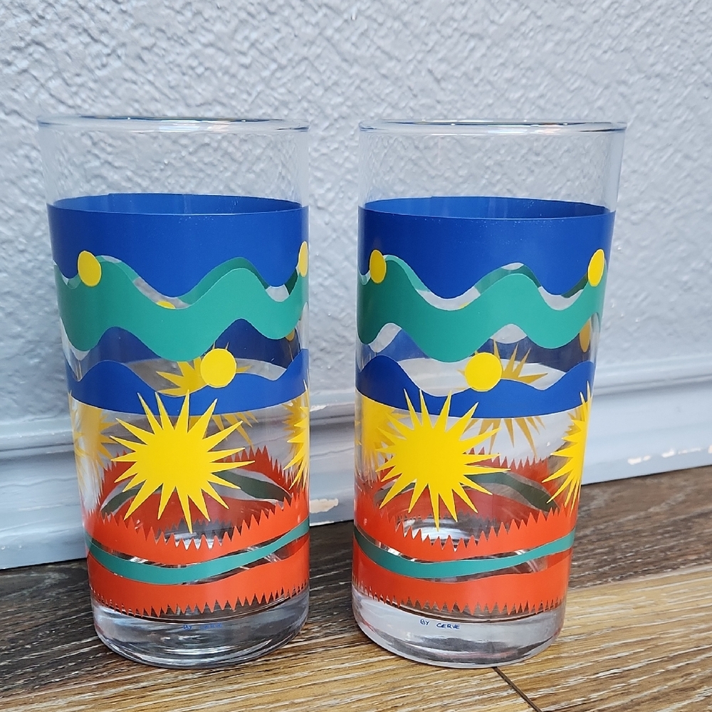 2 Cerve Bright Colored Drinking Cup Glasses Yellow Blue Teal Green Orange